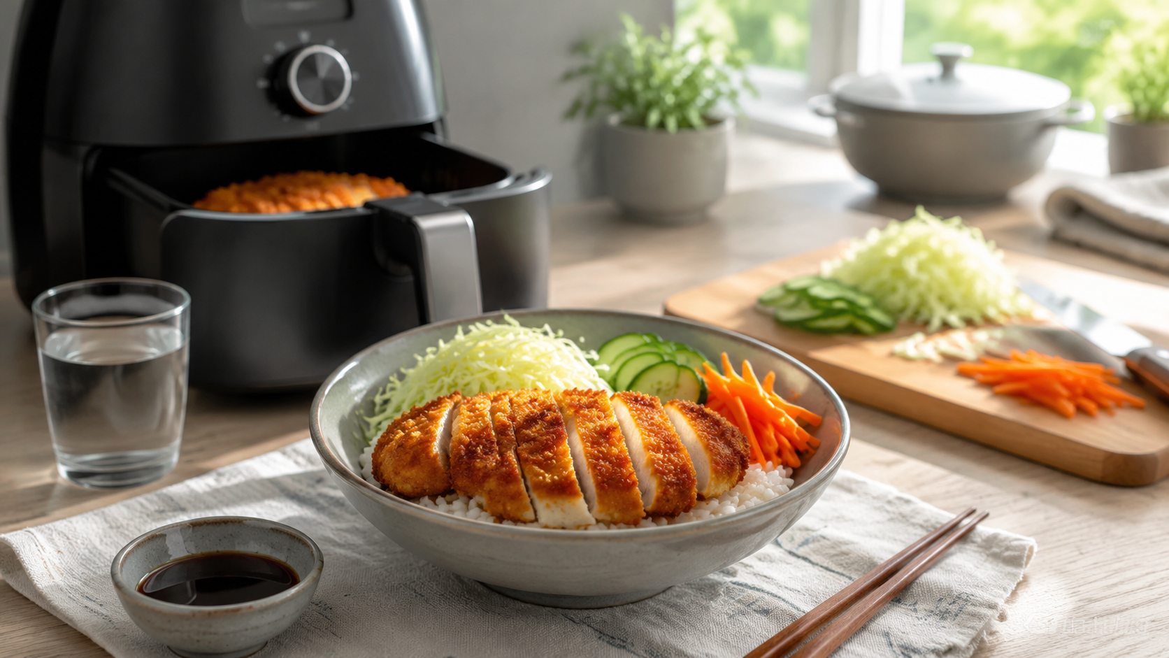 Air Fryer Chicken Katsu Bowl ingredients and preparation