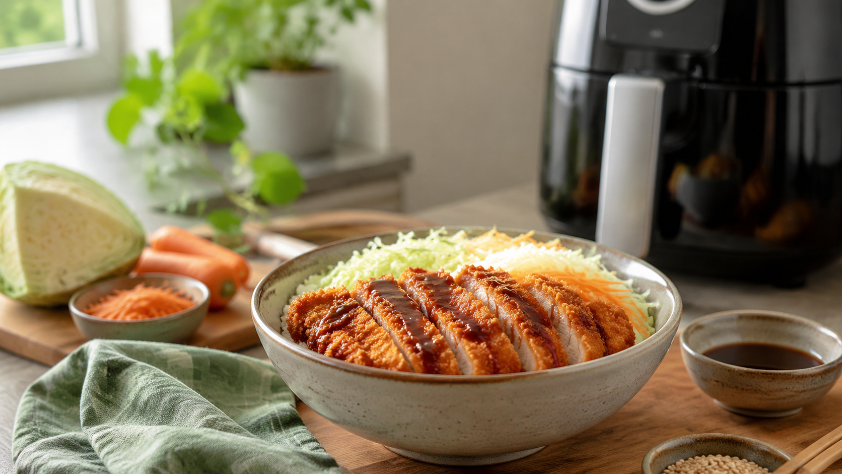 Air Fryer Chicken Katsu Bowl ready to serve or store