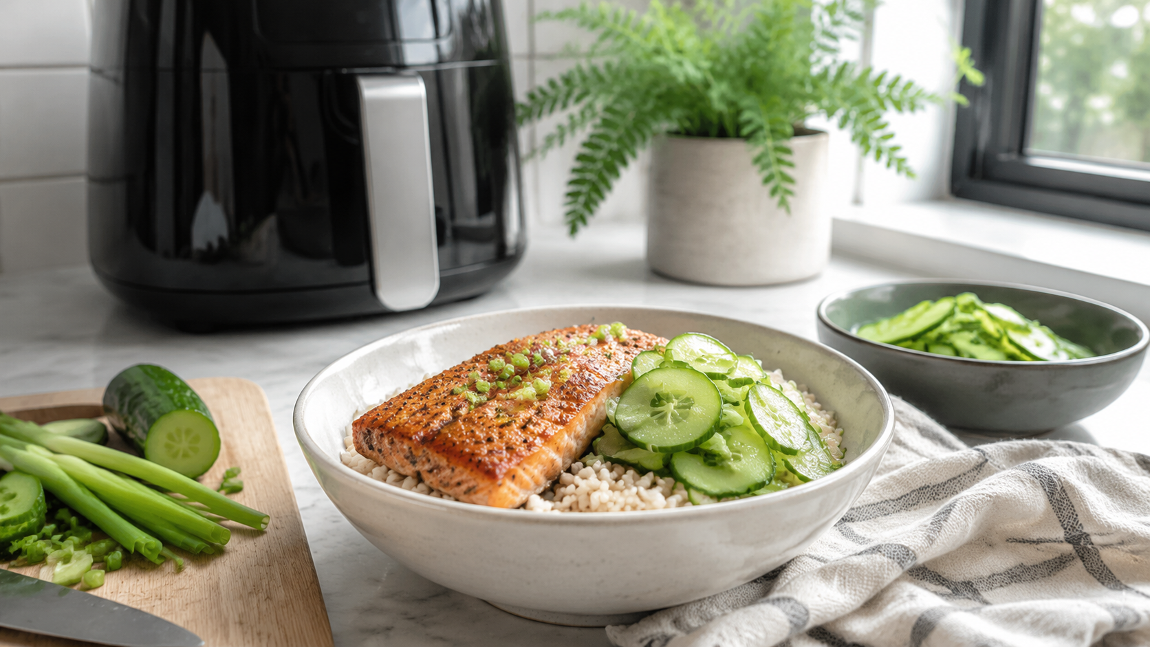 Air Fryer Salmon Rice Bowl With Cucumber Salad ingredients and preparation