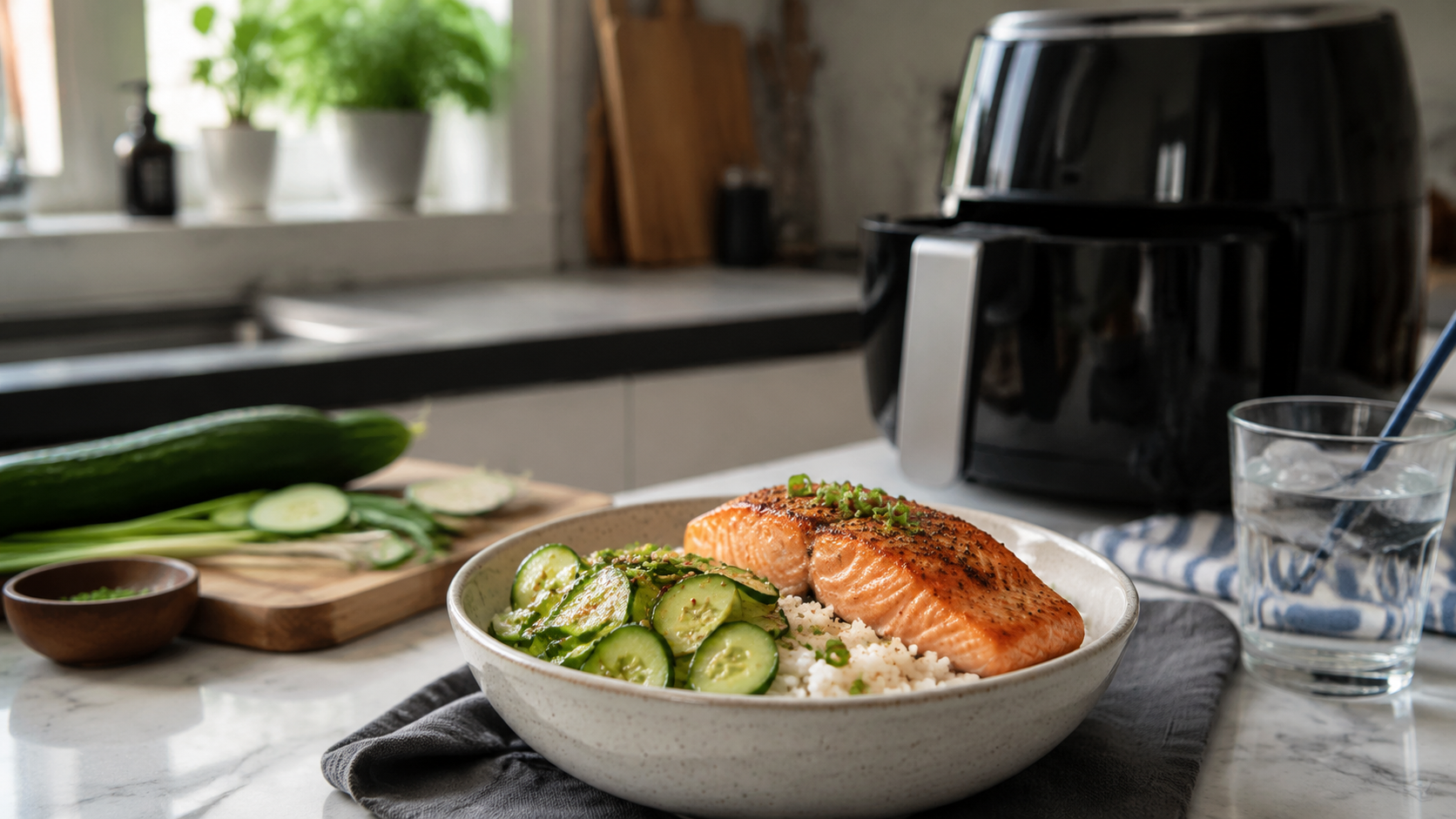 Air Fryer Salmon Rice Bowl With Cucumber Salad ready to serve or store
