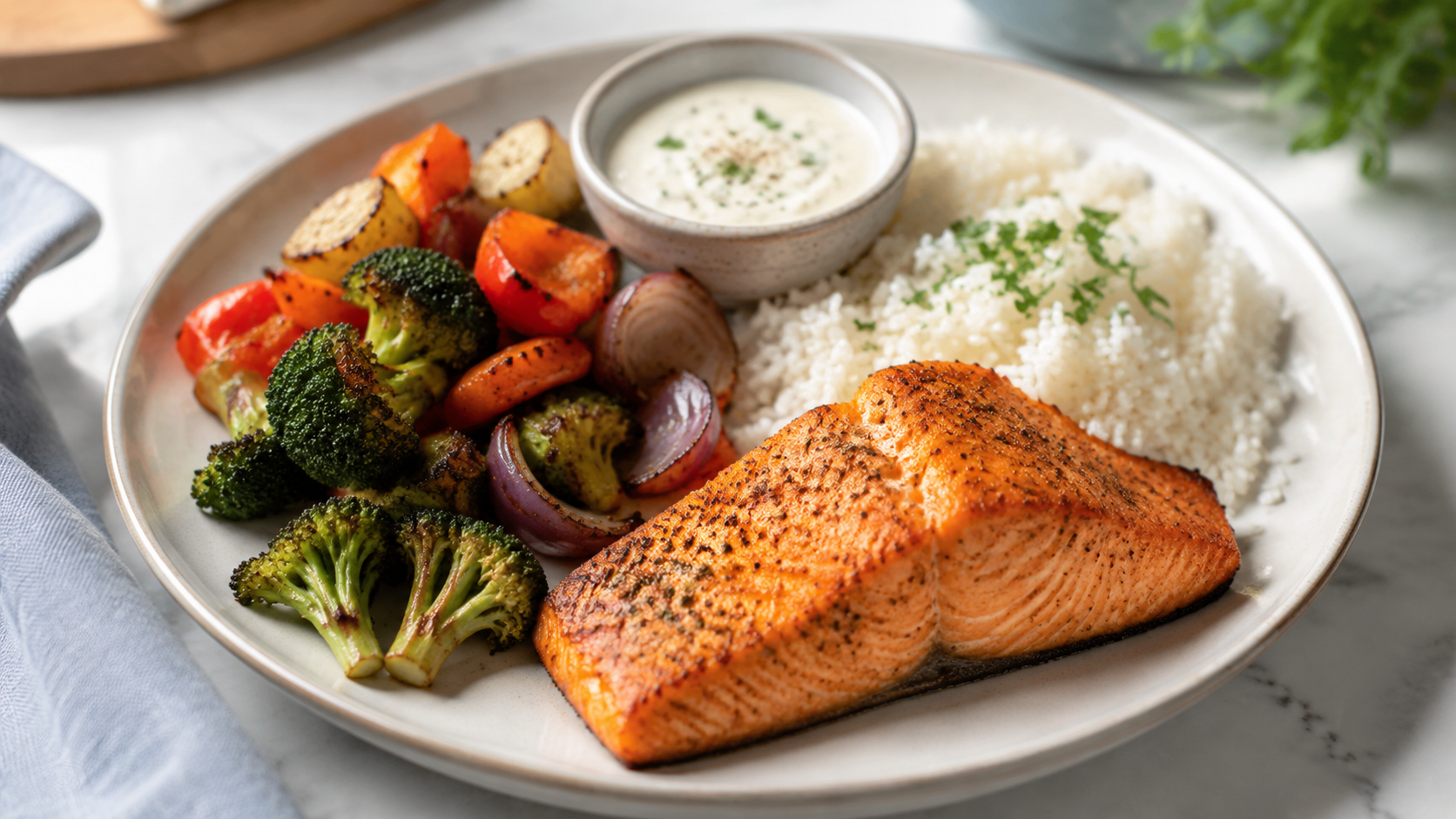 Air Fryer Salmon and Vegetable Plates ready to serve or store