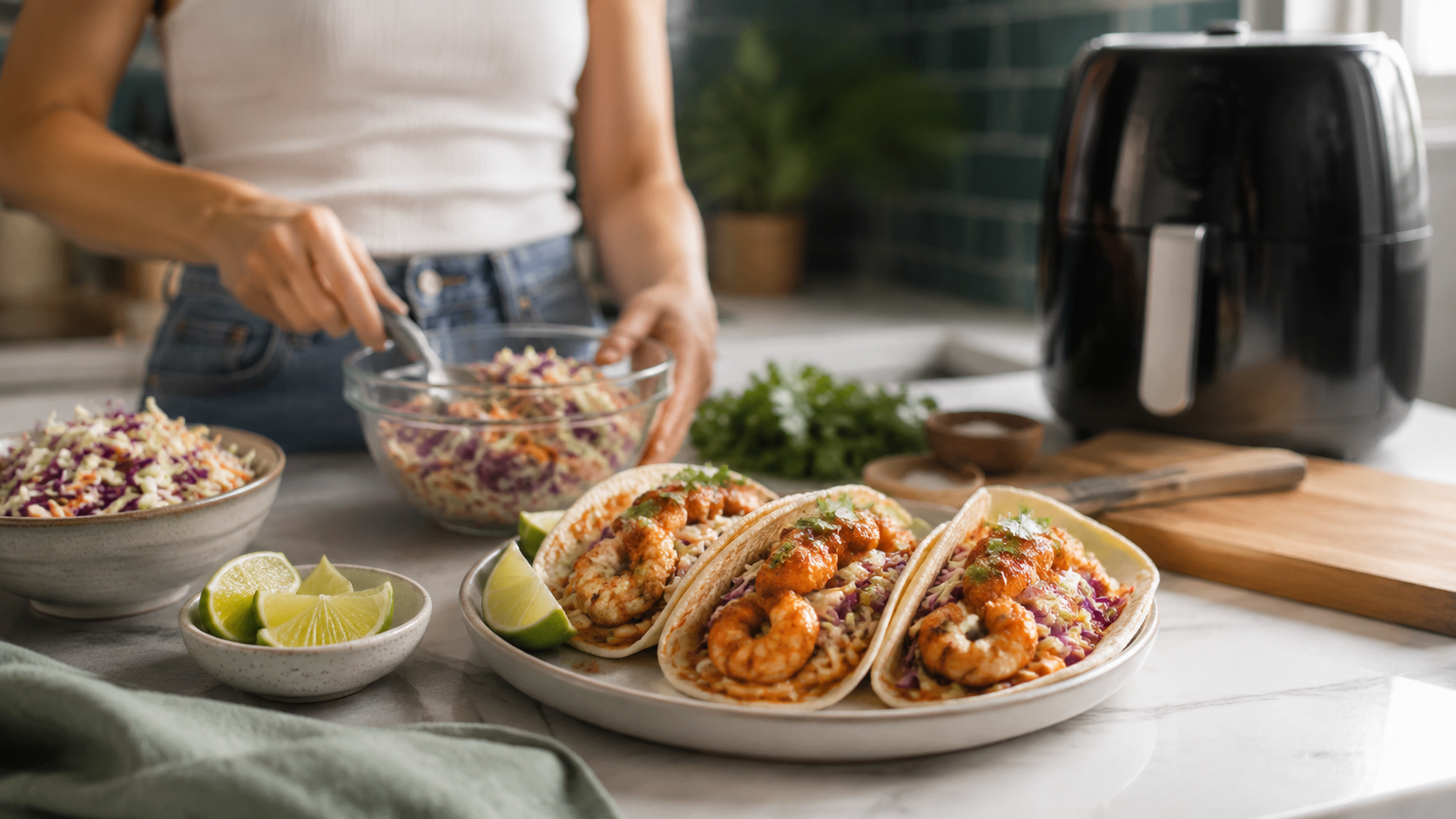 Air Fryer Shrimp Tacos With Lime Slaw ready to serve or store