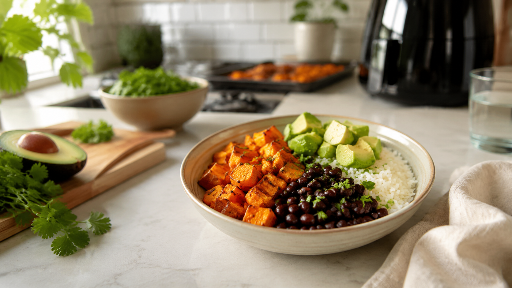 Air Fryer Sweet Potato Black Bean Bowls ingredients and preparation