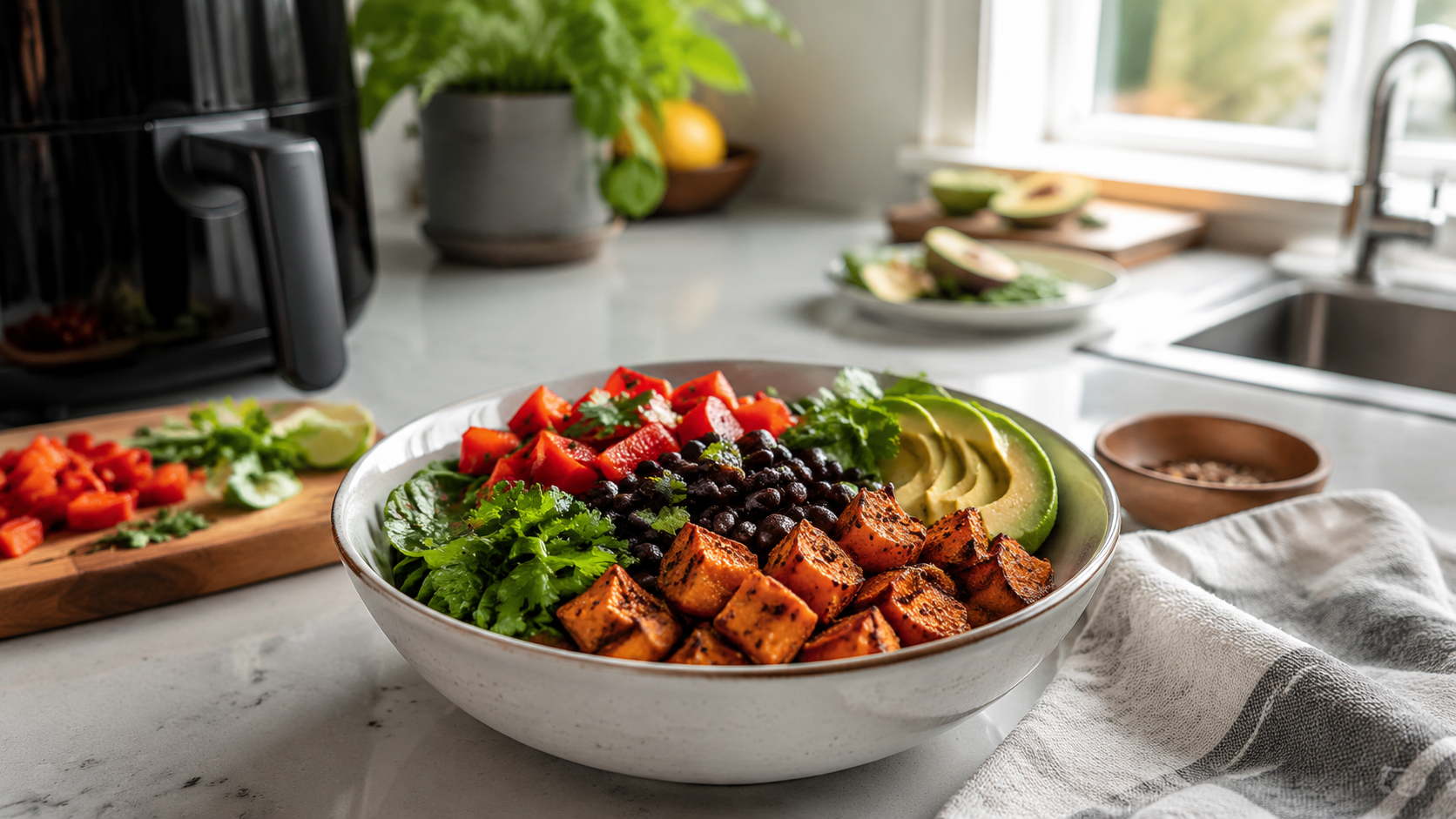 Air Fryer Sweet Potato Black Bean Bowls ready to serve or store