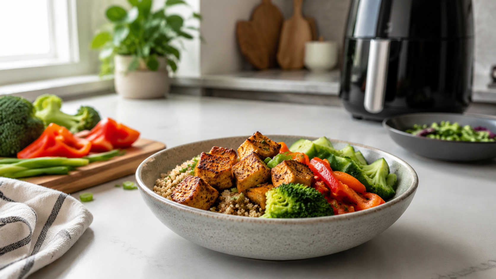 Air Fryer Tofu Veggie Bowls ready to serve or store