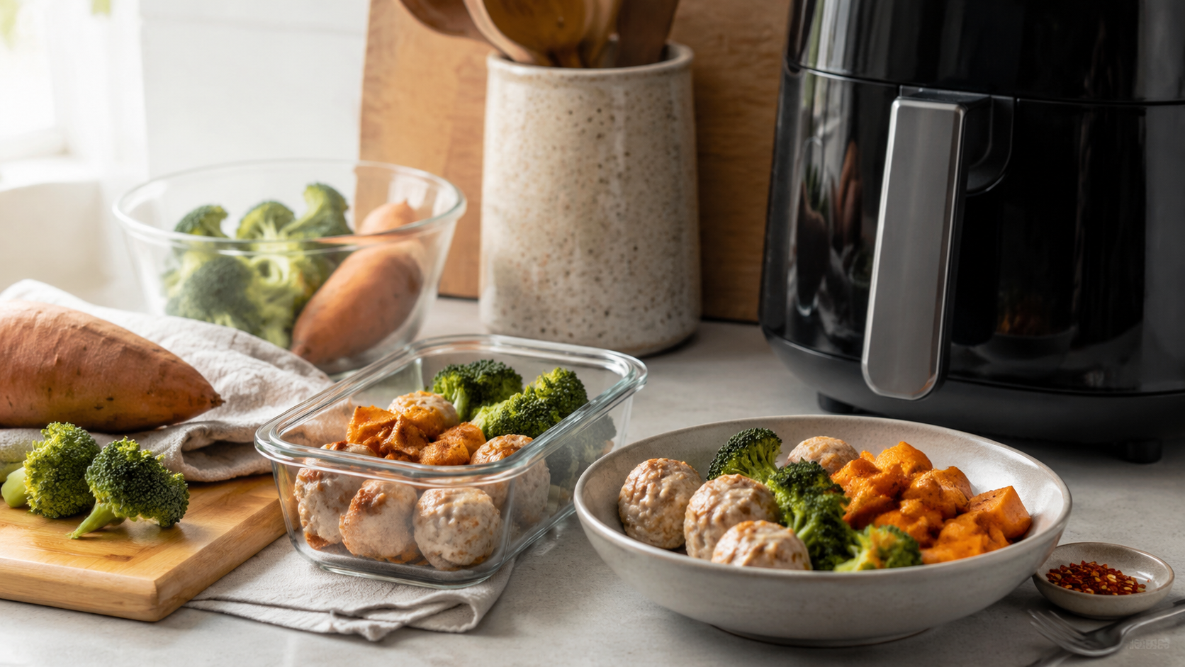 Air Fryer Turkey Meatball Meal Prep ingredients and preparation