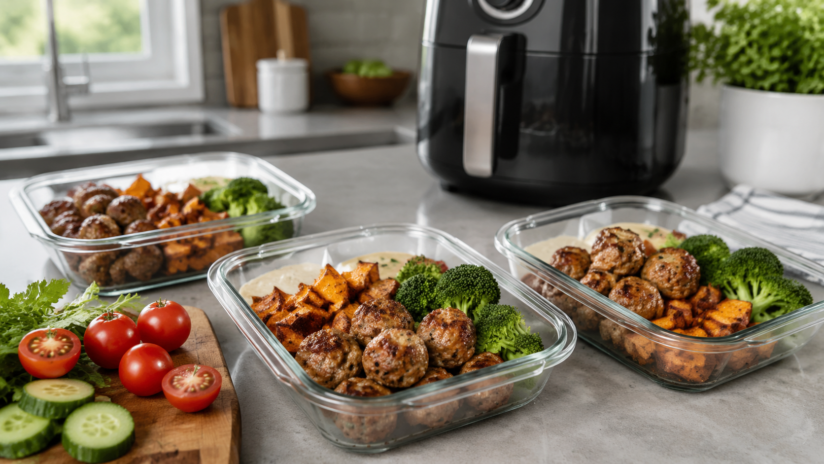 Air Fryer Turkey Meatball Meal Prep ready to serve or store