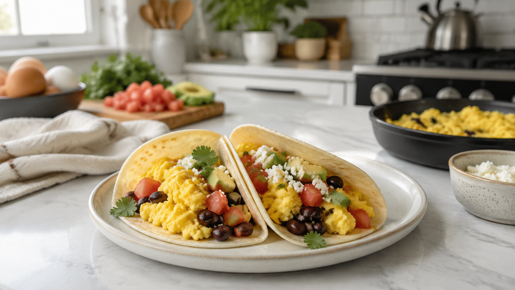 Breakfast Taco With Eggs and Beans ready to serve or store