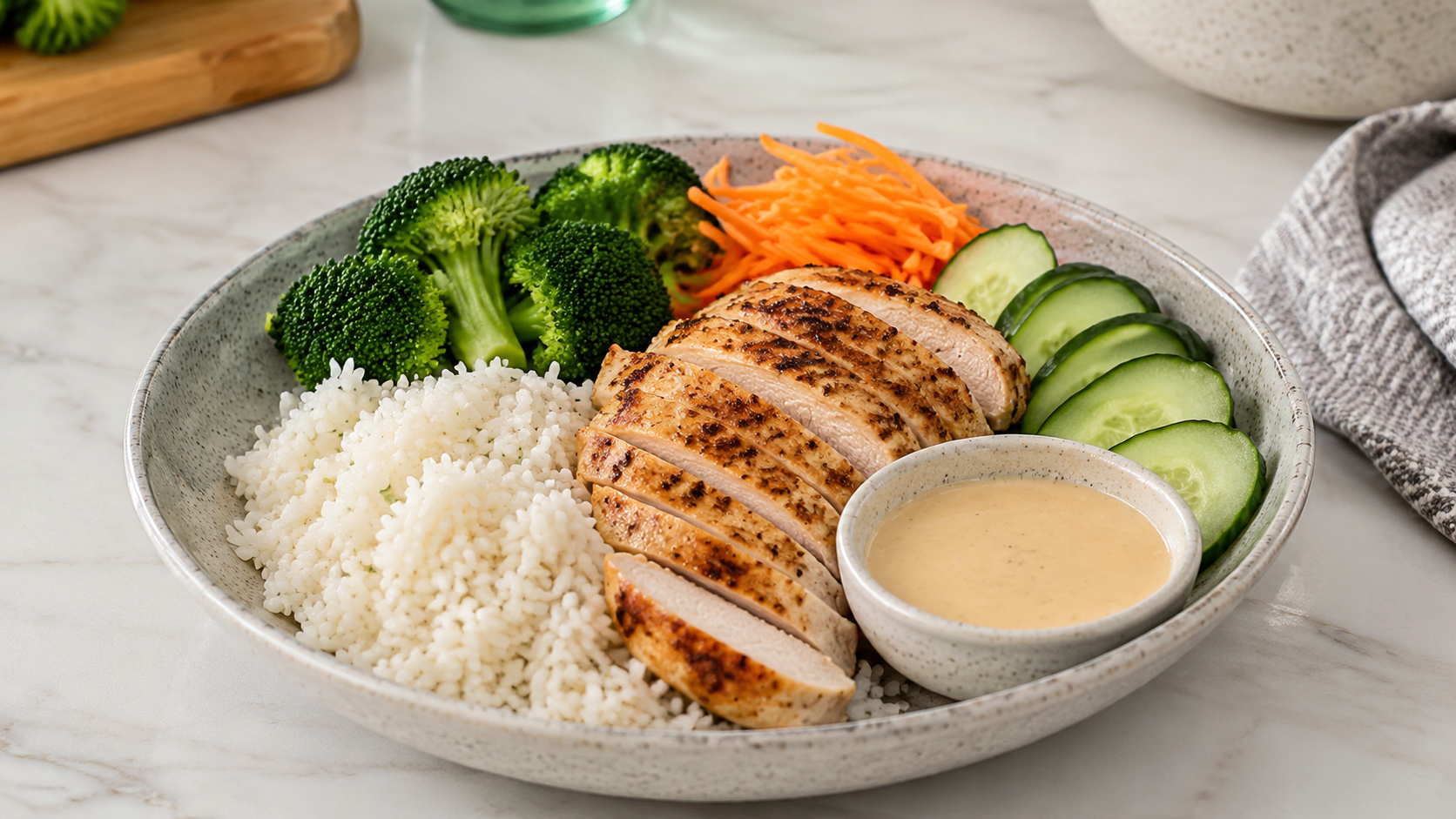 Chicken rice lunch bowl with colorful vegetables