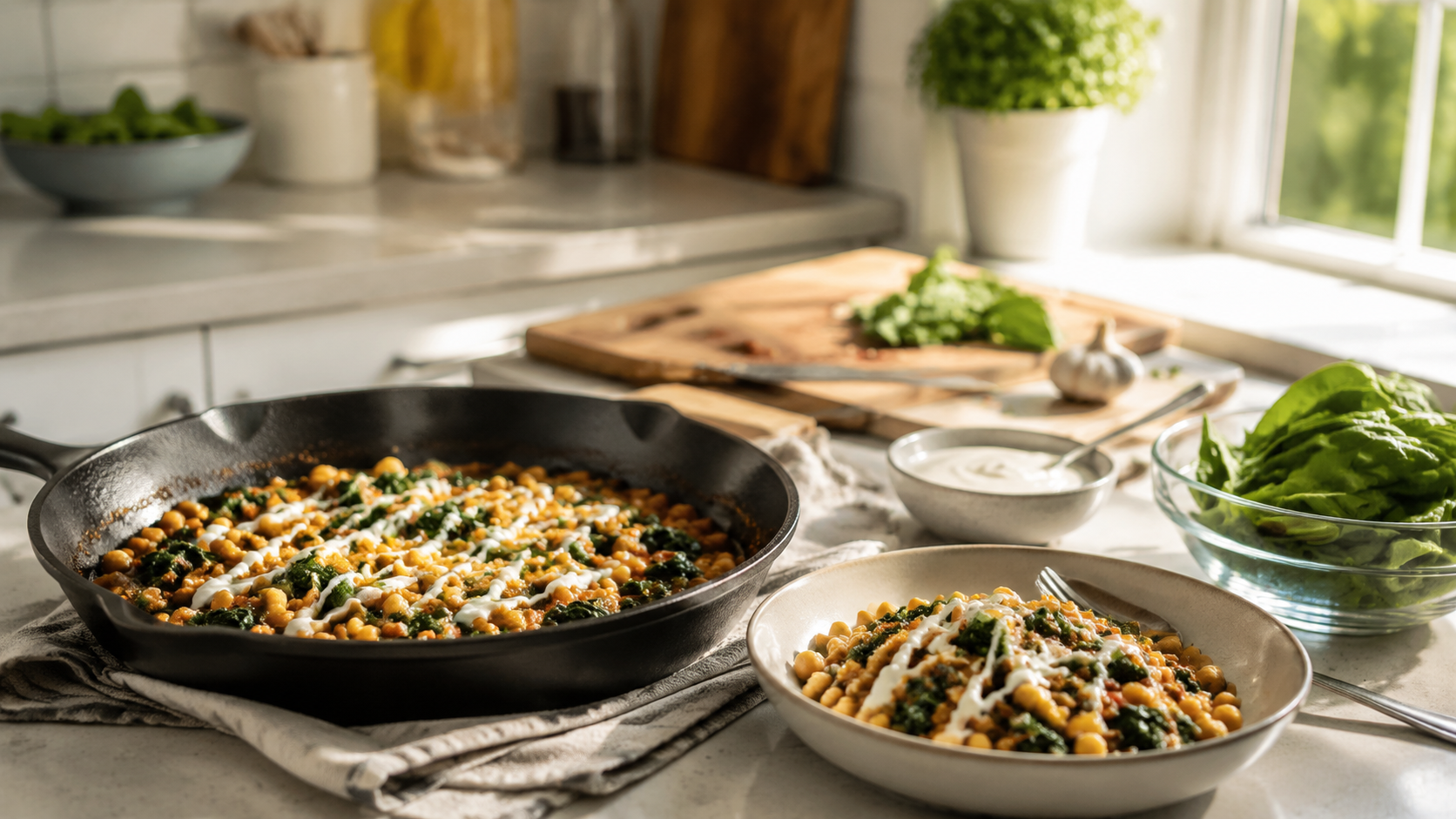 Chickpea Spinach Skillet With Yogurt Drizzle ingredients and preparation
