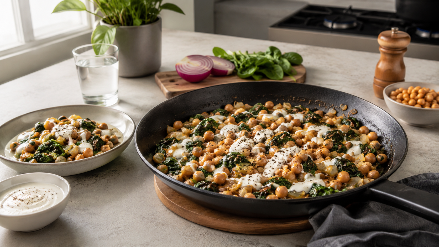 Chickpea Spinach Skillet With Yogurt Drizzle ready to serve or store