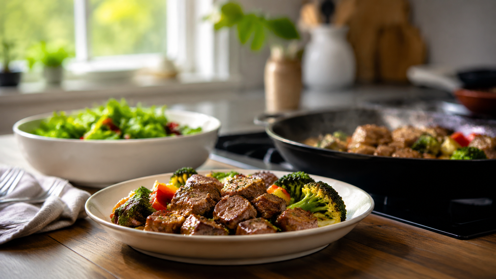 Garlic Butter Steak Bites With Vegetables ready to serve or store