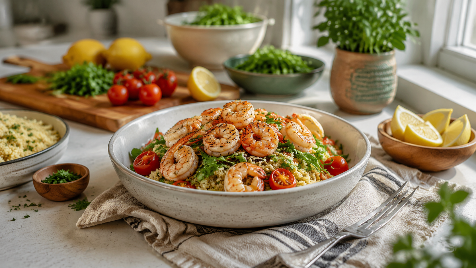 Garlic Shrimp Couscous Bowl ready to serve or store
