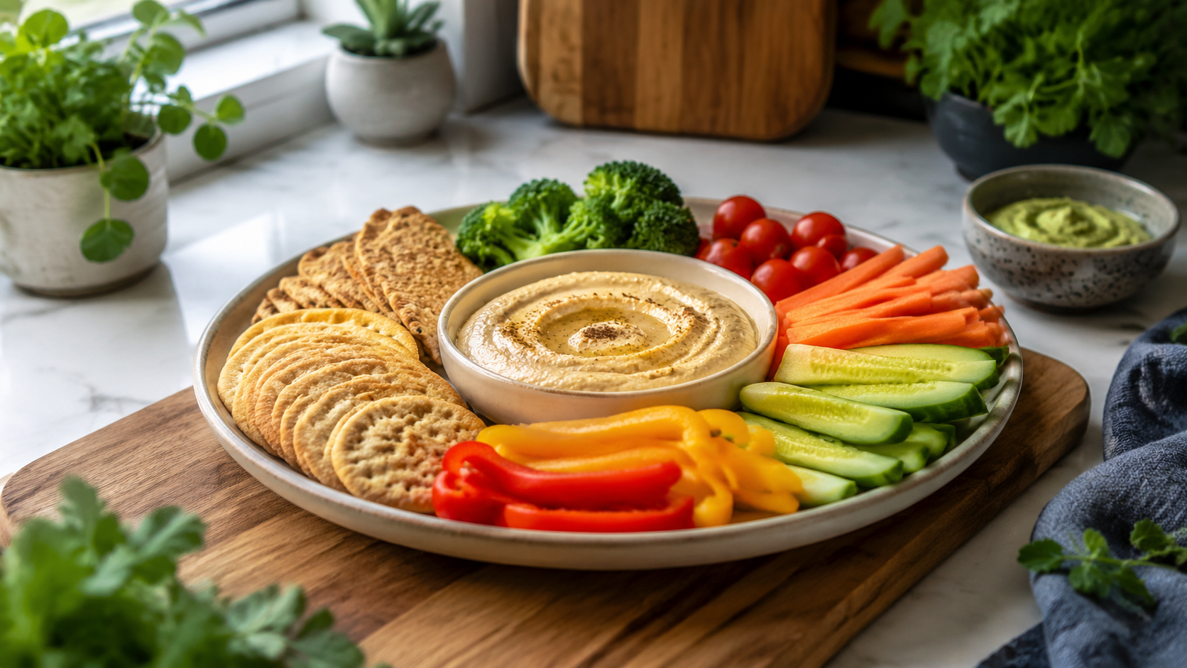 Hummus Veggie Cracker Board ready to serve or store