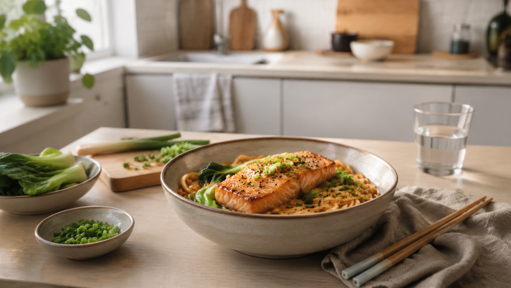 Miso Butter Salmon Noodle Bowl ready to serve or store