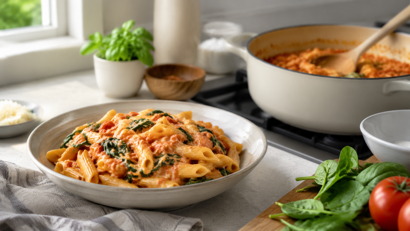 One-Pot Creamy Tomato Pasta With Spinach ingredients and preparation