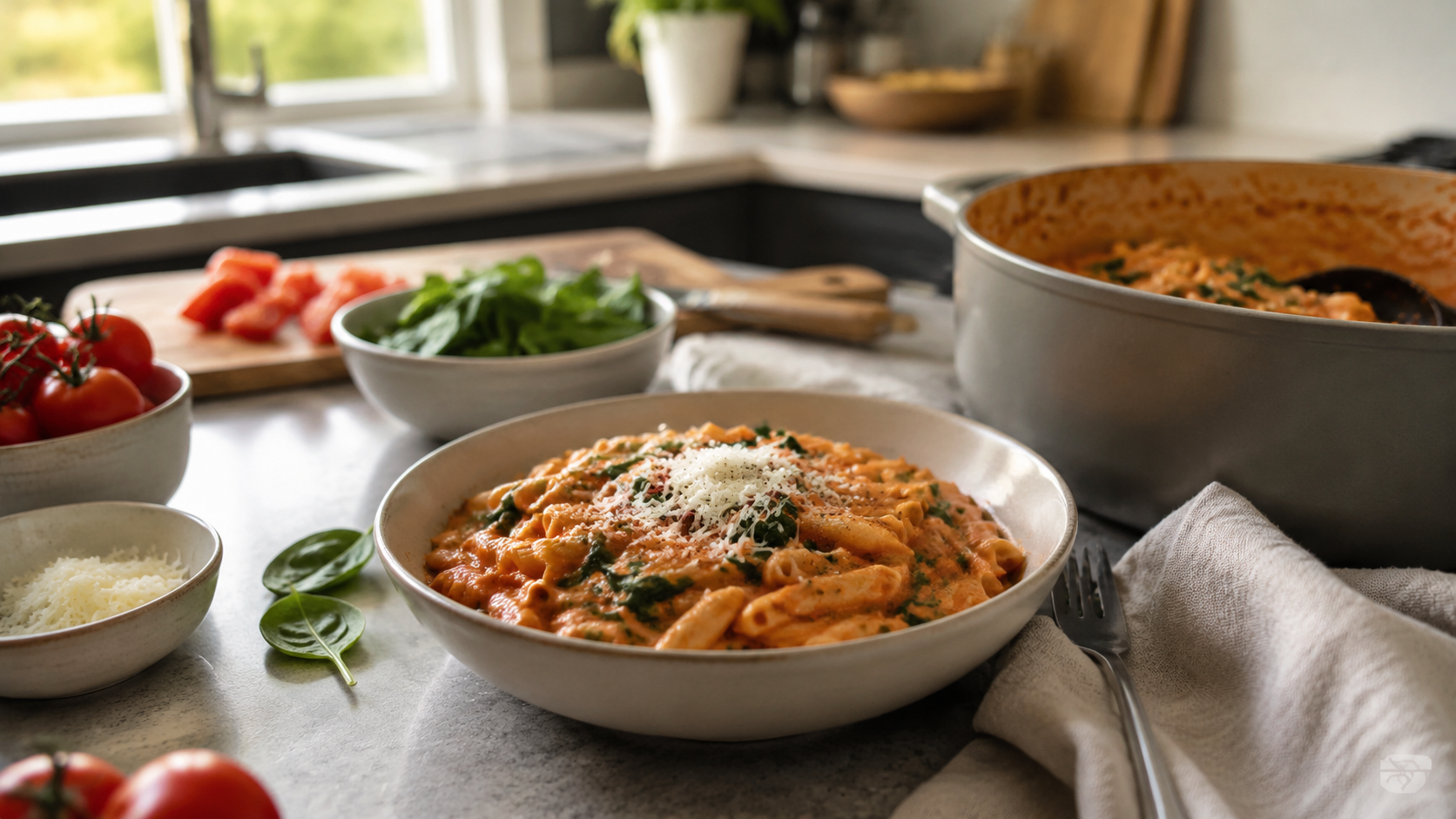 One-Pot Creamy Tomato Pasta With Spinach ready to serve or store
