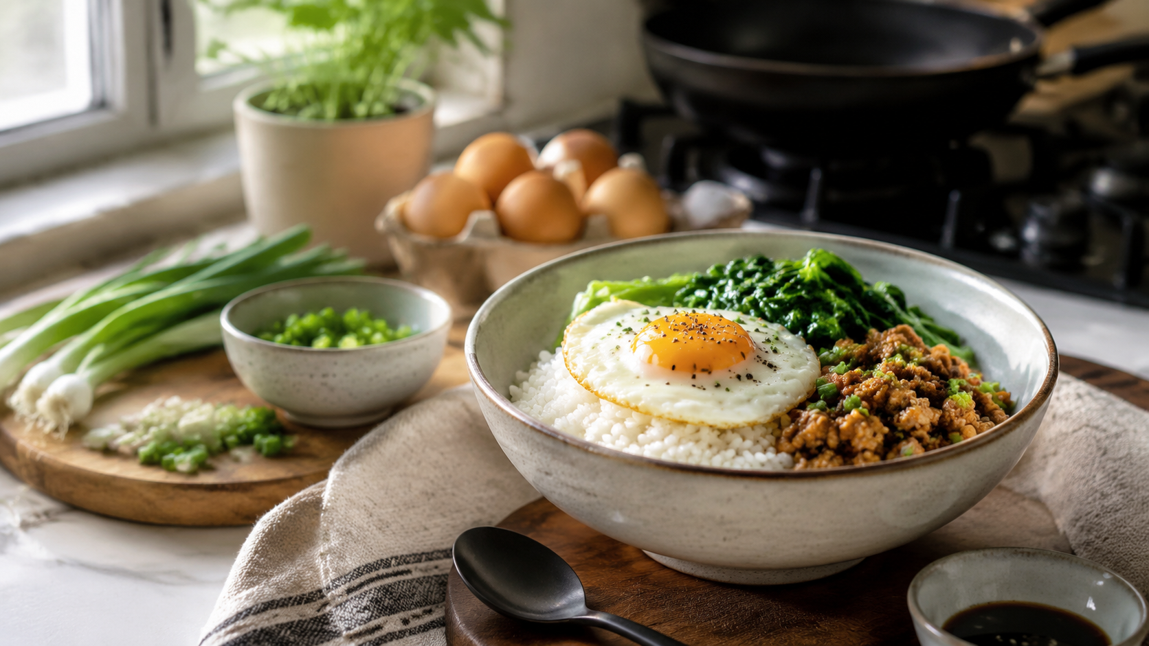 Savory Breakfast Rice Bowl ready to serve or store