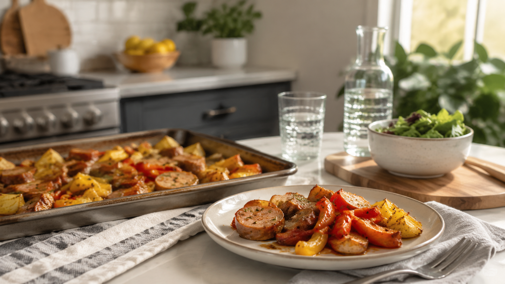 Sheet Pan Sausage Pepper Potatoes ready to serve or store
