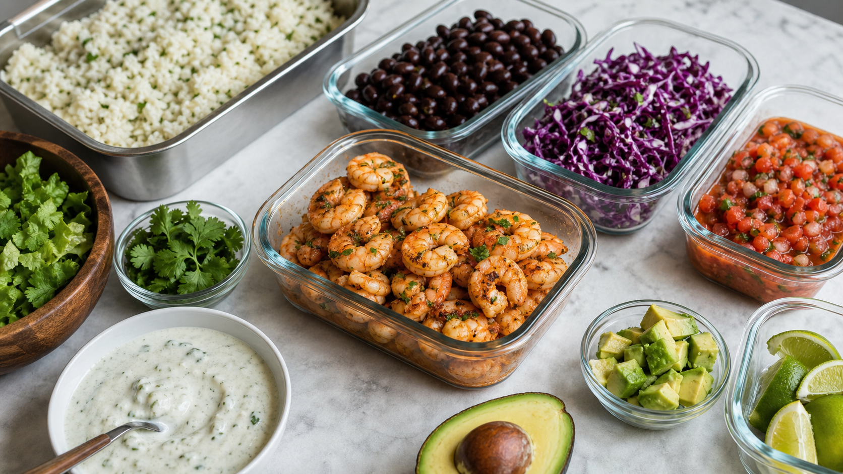 Shrimp Taco Rice Bowls ready to serve or store