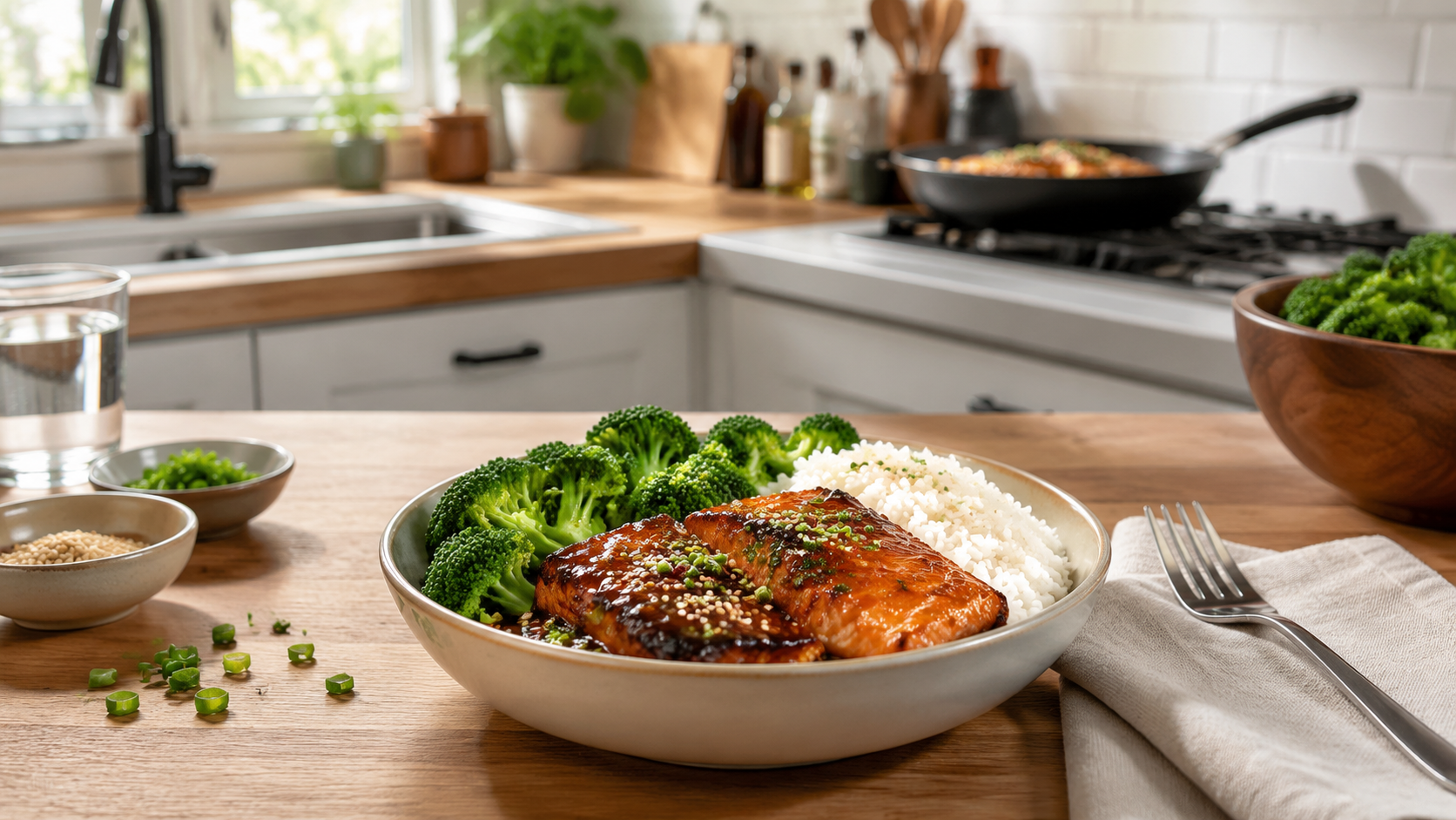 Teriyaki Salmon Broccoli Rice Dinner ready to serve or store