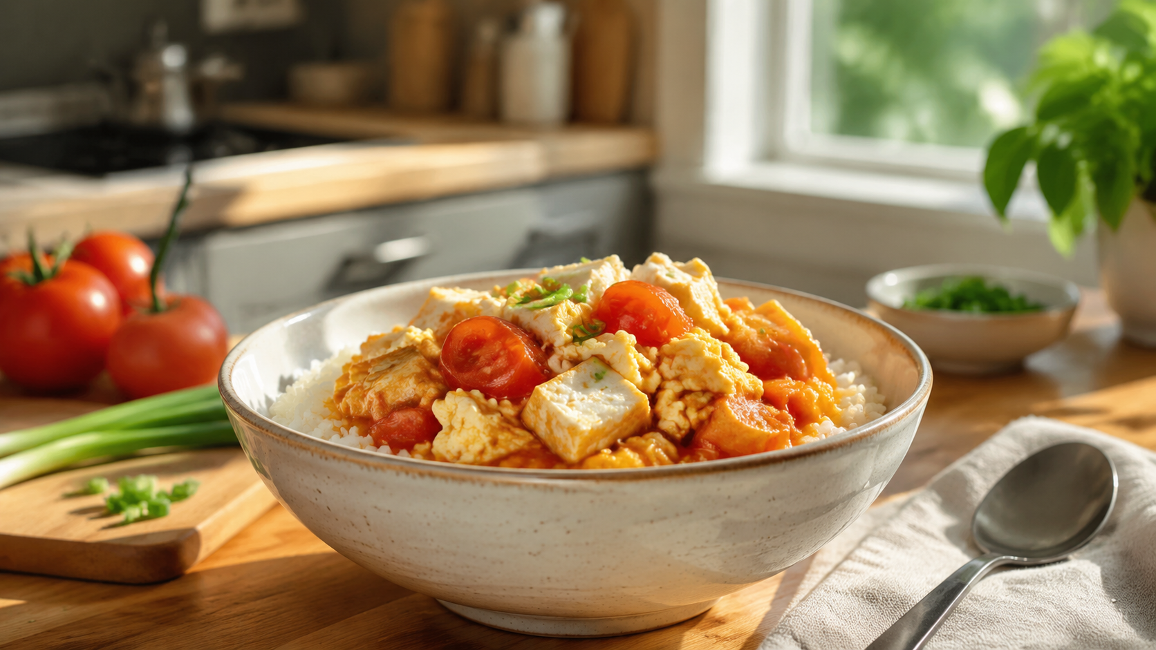 Tomato Egg Tofu Rice Bowl With Pantry Sauce ingredients and preparation