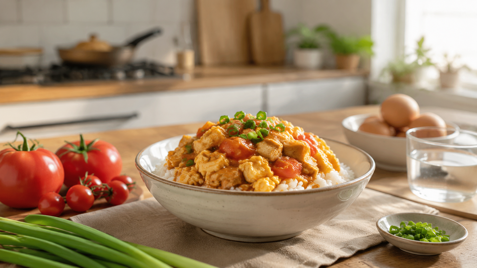 Tomato Egg Tofu Rice Bowl With Pantry Sauce ready to serve or store